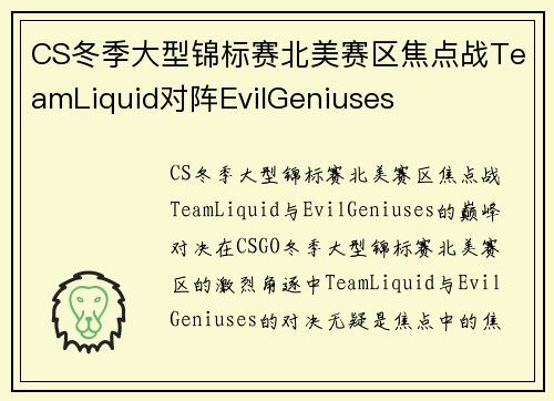 CS冬季大型锦标赛北美赛区焦点战TeamLiquid对阵EvilGeniuses