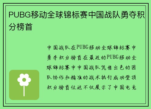 PUBG移动全球锦标赛中国战队勇夺积分榜首