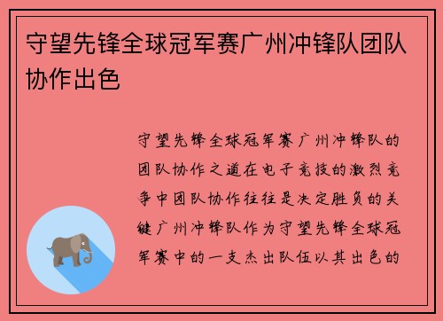 守望先锋全球冠军赛广州冲锋队团队协作出色